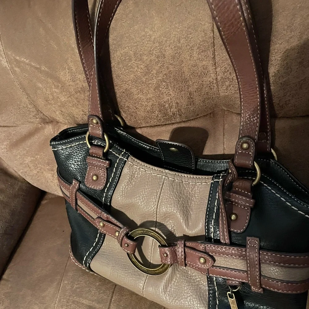 boc Two-Tone Leather Shoulder Bag in Black, Taupe & Brown - Picture 9 of 9
